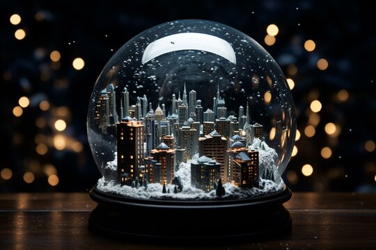 Tabletop snow globe featuring a futuristic cityscape inside. Generative AI
