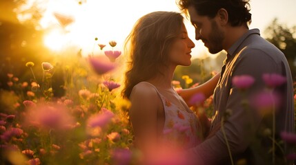 Romantic Twilight, Young Couple in a Flower Field, Perfect for Valentine's Day and Love Themes