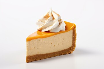 Slice of pumpkin cheesecake with whipped cream isolated on white background