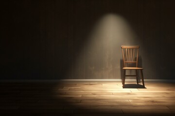 3d rendering of a solitary chair under a focused light in a dim space. Generative AI