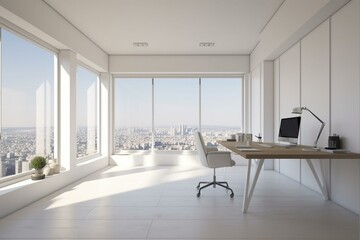 Naklejka na ściany i meble Spacious workspace with a white wall and canvas, offering a view of the city through a panoramic window. Generative AI