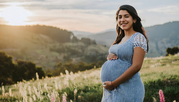 pregnant woman in nature, motherhood and fullness concept