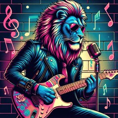 Rockstar Lion Playing Guitar Retro Neon Illustration - obrazy, fototapety, plakaty