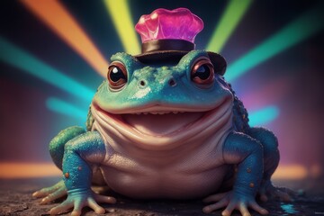 a vertical shot of a frog in a hat with a bow - tie and a pink bow - ties vertical shot of a frog in a hat with a bow - tie and a pink bow - tie3 d render of a cute frog in a pink cylinder hat - obrazy, fototapety, plakaty