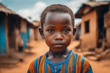 young african american boy with blue eyes standing at the rural village of sovo in the evening young african american boy with blue eyes standing at the rural village of sovo in the evening portrait o - obrazy, fototapety, plakaty