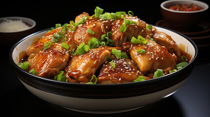 Juicy Hainan Chicken Thigh Meat with Light Soy Sauce and Spring Onion on Blurry Background - obrazy, fototapety, plakaty