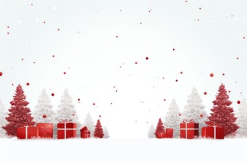 Minimalist Holiday: Red Gifts and Fir Trees on White Background in Modern and Traditional Styles