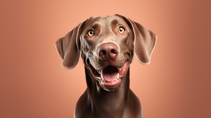 Cute weimaraner dog headshot on brown color background. for pet food advertising poster. Copy space.