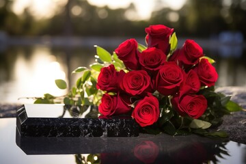 Obraz premium Red roses on black granite tombstone in the park, funeral concept