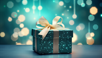 Christmas sparkling teal gift box with gold ribbon on blurred turquoise lights background