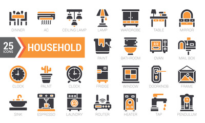 Set Of Household. Glyph Two Colour Icons Pack. Vector Illustration.