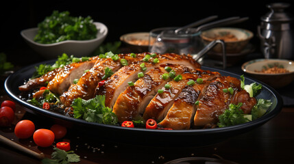 Juicy Hainan Chicken Thigh Meat with Light Soy Sauce and Spring Onion on Blurry Background - obrazy, fototapety, plakaty