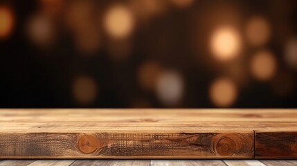 Beautiful blurred boreal forest background view with empty rustic wooden table for mockup product display.