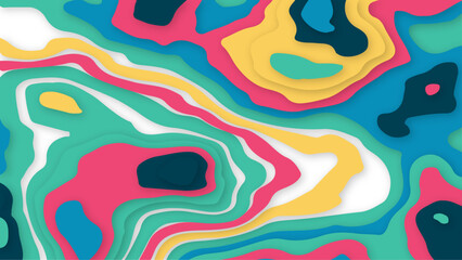 Abstract 3D paper cut art. Colorful background with wavy layered paper craft. Artistic vector cut out shapes with realistic shadow. Bright carving texture. Topography relief imitation.