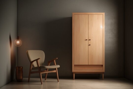 a chair and cabinet in a minimal room. Generative AI