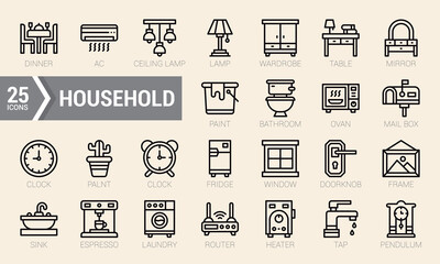 Set Of Household. Lineal Icons Pack. Vector Illustration.
