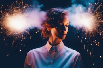 young pretty woman in casual wear with fireworks exploding young pretty woman in casual wear with fireworks exploding portrait of young woman with sparkler in front of her head on the background of li - obrazy, fototapety, plakaty