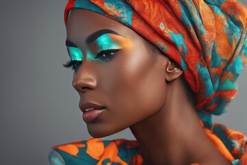 portrait of young african - american model in bright colorful turban and head scarf with make up portrait of young african - american model in bright colorful turban and head scarf with make up young  - obrazy, fototapety, plakaty
