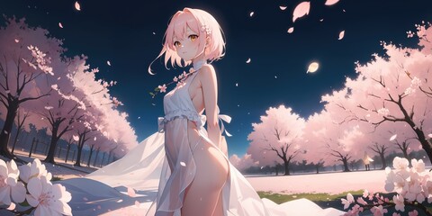 Beautiful Anime Girl. Cherry Blossom Illustration