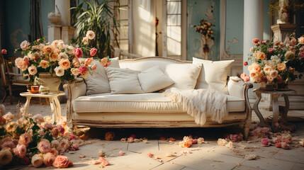 Old Fashioned Shabby Chic Sofa With Cushions and Flowers Retro Style Background