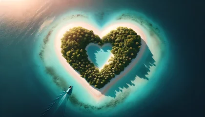 Fotobehang Island Love Aerial View: Heart-shaped island with turquoise waters and lush greenery, Romantic Getaway Concept Art, Generative AI © Crowcat
