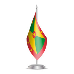 Grenada flag - 3D mini flag hanging on desktop flagpole. Usable for summit or conference presentaiton. Vector illustration with shading.