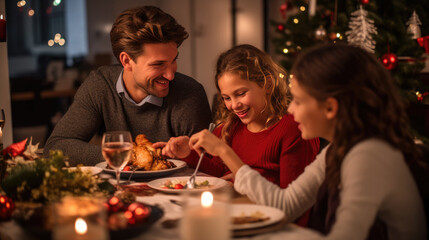 Family enjoying a warm, festive Christmas dinner together, with children smiling, candles glowing, and a decorated Christmas tree in the background.