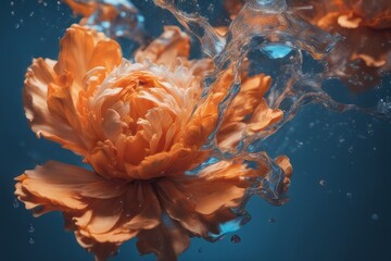 Fototapeta na wymiar water splash with blue flower petals on black background water splash with blue flower petals on black background orange flowers with a drop in the water