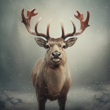 AI generated illustration of a young male white-tailed deer, his large antlers facing the camera