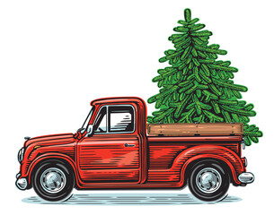 Christmas red retro pick-up truck with green pine tree. Happy holidays, vector illustration