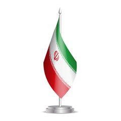 Obraz premium Iran flag - 3D mini flag hanging on desktop flagpole. Usable for summit or conference presentaiton. Vector illustration with shading.