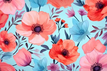 Seamless pattern of flowers with pink blue and orange background. Pink flowers background. 