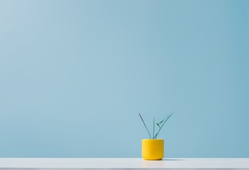 3d rendering of blue wall and yellow plant pot in front of empty space for product display.3d rendering of blue wall and yellow plant pot in front of empty space for product display.empty white shelf  - Powered by Adobe