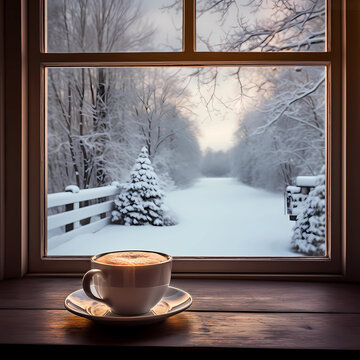 hot coffee looking out the winter scene nice background gen ai 