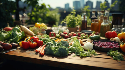 Organic Vegetables on Wooden Table in Rooftop Garden Urban Agriculture Field Blurry Background