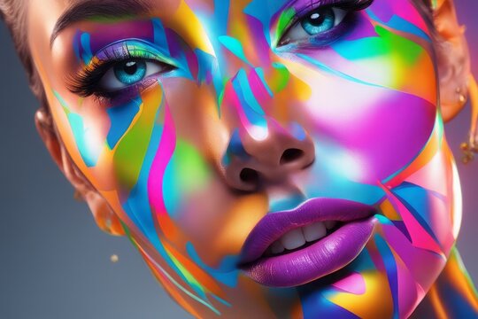 beautiful woman with colorful paint and face art in studio beautiful woman with colorful paint and face art in studio beautiful woman with bright colorful makeup