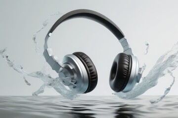 digital illustration of a water wave with headphones digital illustration of a water wave with headphones 3d rendering of headphones with water splashes