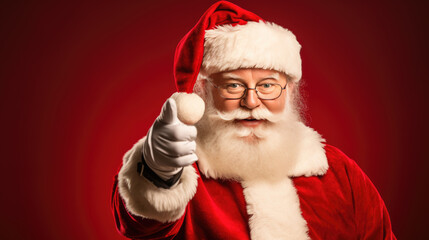 Naklejka premium A cheerful Santa Claus in his traditional red attire gives a thumbs-up, exuding the festive spirit of Christmas with his jolly smile and snowy white beard.