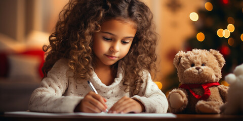 cute girl in pajamas writing a letter to santa claus on Christmas background with lights