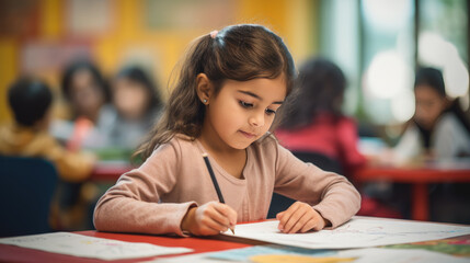 Little preschooler sits at a desk with a pencil in his hand and learns to write in class - obrazy, fototapety, plakaty