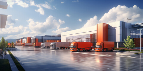 distribution warehouse with trucks of different capacity - obrazy, fototapety, plakaty