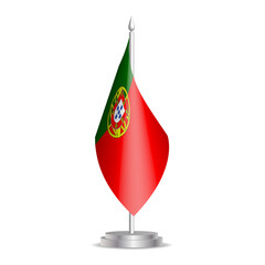 Obraz premium Portugal flag - 3D mini flag hanging on desktop flagpole. Usable for summit or conference presentaiton. Vector illustration with shading.