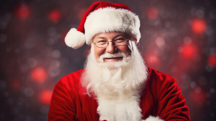 Close-up portrait of Santa Claus in a red hat, smiling warmly with a twinkle in his eye against a golden bokeh light background, embodying the festive spirit of Christmas.