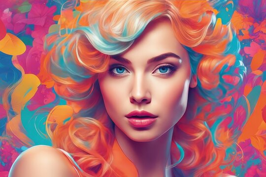 digital painting of young woman with red lips in colorful dress, digital art background, 3d illustration digital painting of young woman with red lips in colorful dress, digital art background, 3d ill