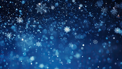 Falling snowflakes on night sky white background. Bokeh with white snow and snowflakes on a blue background.