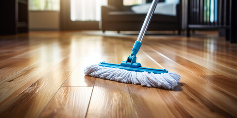 Close-up of a mop on a parquet floor in a room. Cleanliness and cleaning of the house - obrazy, fototapety, plakaty