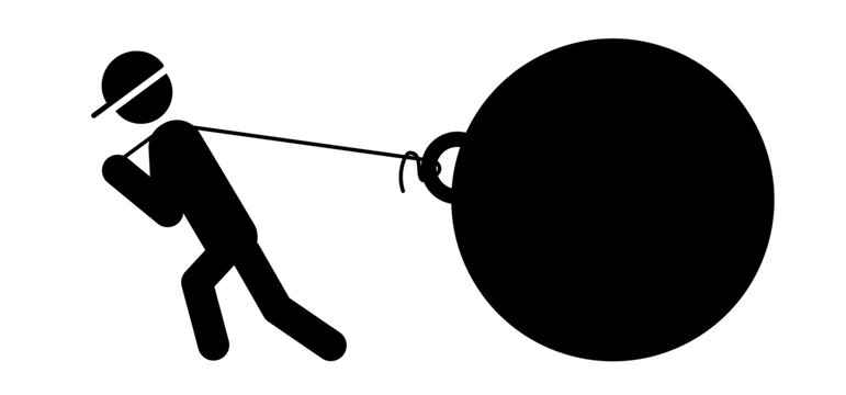 Man pulling weight. Stick figure man pulls a huge weight. Businessman twitch the big ball with rope. Person lifting or pull heavy burden. Huge large block. Heavy load, ragging a giant heavy weight.