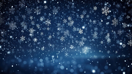 Falling snowflakes on night sky white background. Bokeh with white snow and snowflakes on a blue background.