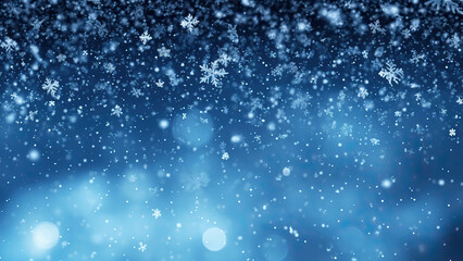 Falling snowflakes on night sky white background. Bokeh with white snow and snowflakes on a blue background.