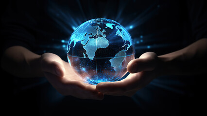 Hand holding touching glowing blue earth hologram on dark black background. Business and innovative technology concept. 